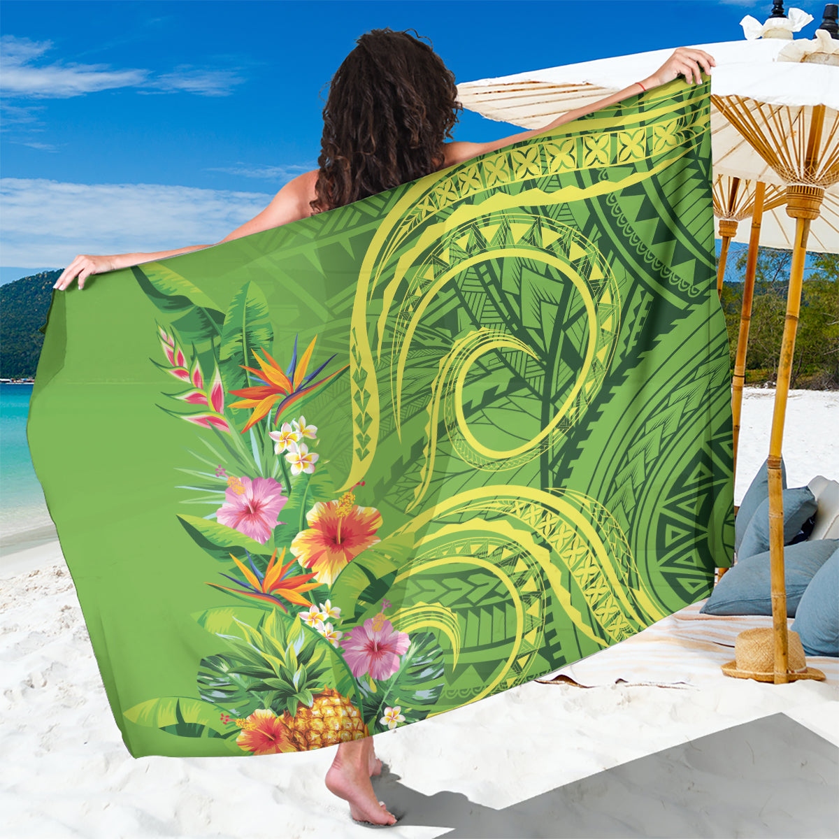 Polynesian Tribal Flower Tattoo Sarong Special Lime Green Vibe