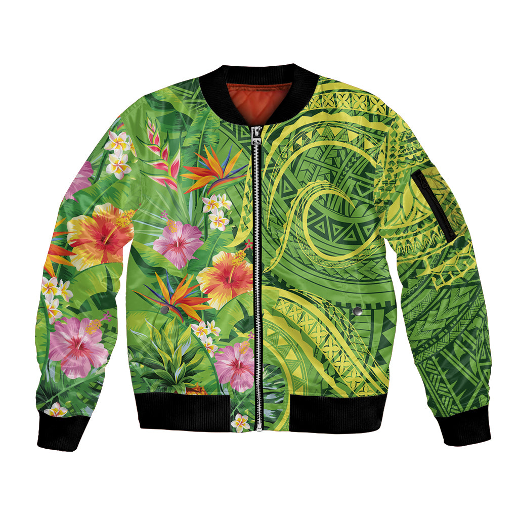 Polynesian Tribal Flower Tattoo Sleeve Zip Bomber Jacket Special Lime Green Vibe