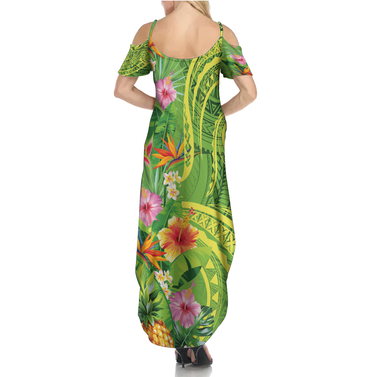 Polynesian Tribal Flower Tattoo Summer Maxi Dress Special Lime Green Vibe
