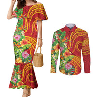 Polynesian Tribal Flower Tattoo Couples Matching Mermaid Dress and Long Sleeve Button Shirt Special Vermilion Vibe