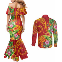 Polynesian Tribal Flower Tattoo Couples Matching Mermaid Dress and Long Sleeve Button Shirt Special Vermilion Vibe