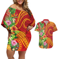 Polynesian Tribal Flower Tattoo Couples Matching Off Shoulder Short Dress and Hawaiian Shirt Special Vermilion Vibe