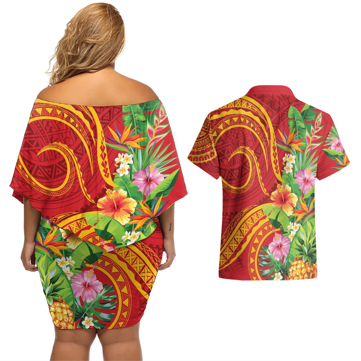 Polynesian Tribal Flower Tattoo Couples Matching Off Shoulder Short Dress and Hawaiian Shirt Special Vermilion Vibe