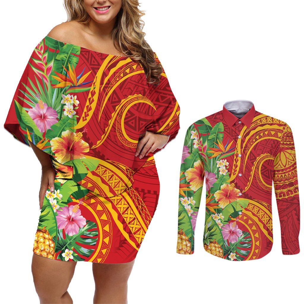 Polynesian Tribal Flower Tattoo Couples Matching Off Shoulder Short Dress and Long Sleeve Button Shirt Special Vermilion Vibe LT9 Brownish-red - Polynesian Pride