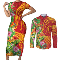 Polynesian Tribal Flower Tattoo Couples Matching Short Sleeve Bodycon Dress and Long Sleeve Button Shirt Special Vermilion Vibe