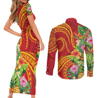 Polynesian Tribal Flower Tattoo Couples Matching Short Sleeve Bodycon Dress and Long Sleeve Button Shirt Special Vermilion Vibe