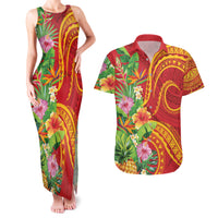 Polynesian Tribal Flower Tattoo Couples Matching Tank Maxi Dress and Hawaiian Shirt Special Vermilion Vibe