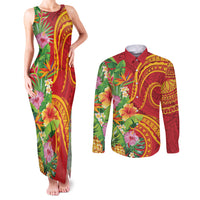 Polynesian Tribal Flower Tattoo Couples Matching Tank Maxi Dress and Long Sleeve Button Shirt Special Vermilion Vibe LT9 Brownish-red - Polynesian Pride