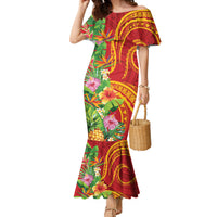Polynesian Tribal Flower Tattoo Family Matching Mermaid Dress and Hawaiian Shirt Special Vermilion Vibe LT9 Mom's Dress Brownish-red - Polynesian Pride
