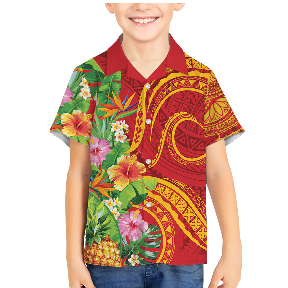 Polynesian Tribal Flower Tattoo Family Matching Mermaid Dress and Hawaiian Shirt Special Vermilion Vibe LT9 Son's Shirt Brownish-red - Polynesian Pride