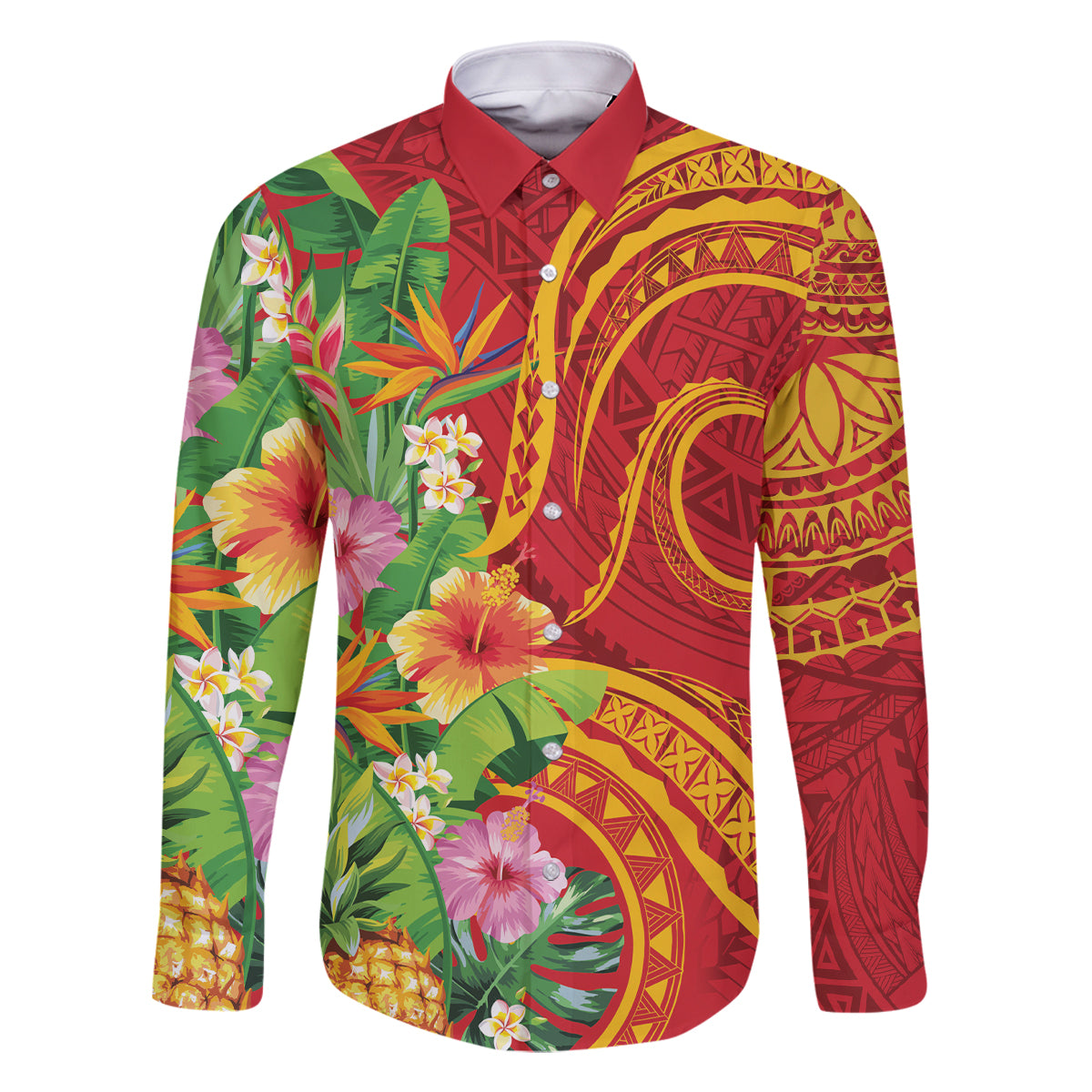 Polynesian Tribal Flower Tattoo Family Matching Off Shoulder Maxi Dress and Hawaiian Shirt Special Vermilion Vibe LT9 Dad's Shirt - Long Sleeve Brownish-red - Polynesian Pride