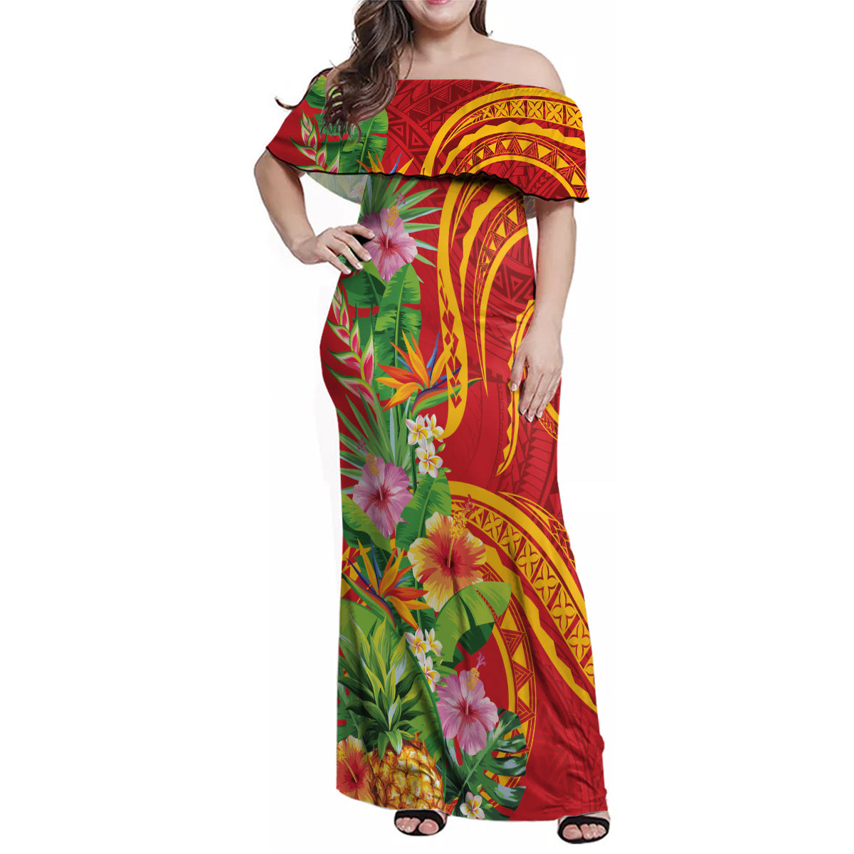 Polynesian Tribal Flower Tattoo Family Matching Off Shoulder Maxi Dress and Hawaiian Shirt Special Vermilion Vibe LT9 Mom's Dress Brownish-red - Polynesian Pride