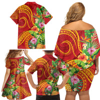Polynesian Tribal Flower Tattoo Family Matching Off Shoulder Short Dress and Hawaiian Shirt Special Vermilion Vibe LT9 - Polynesian Pride
