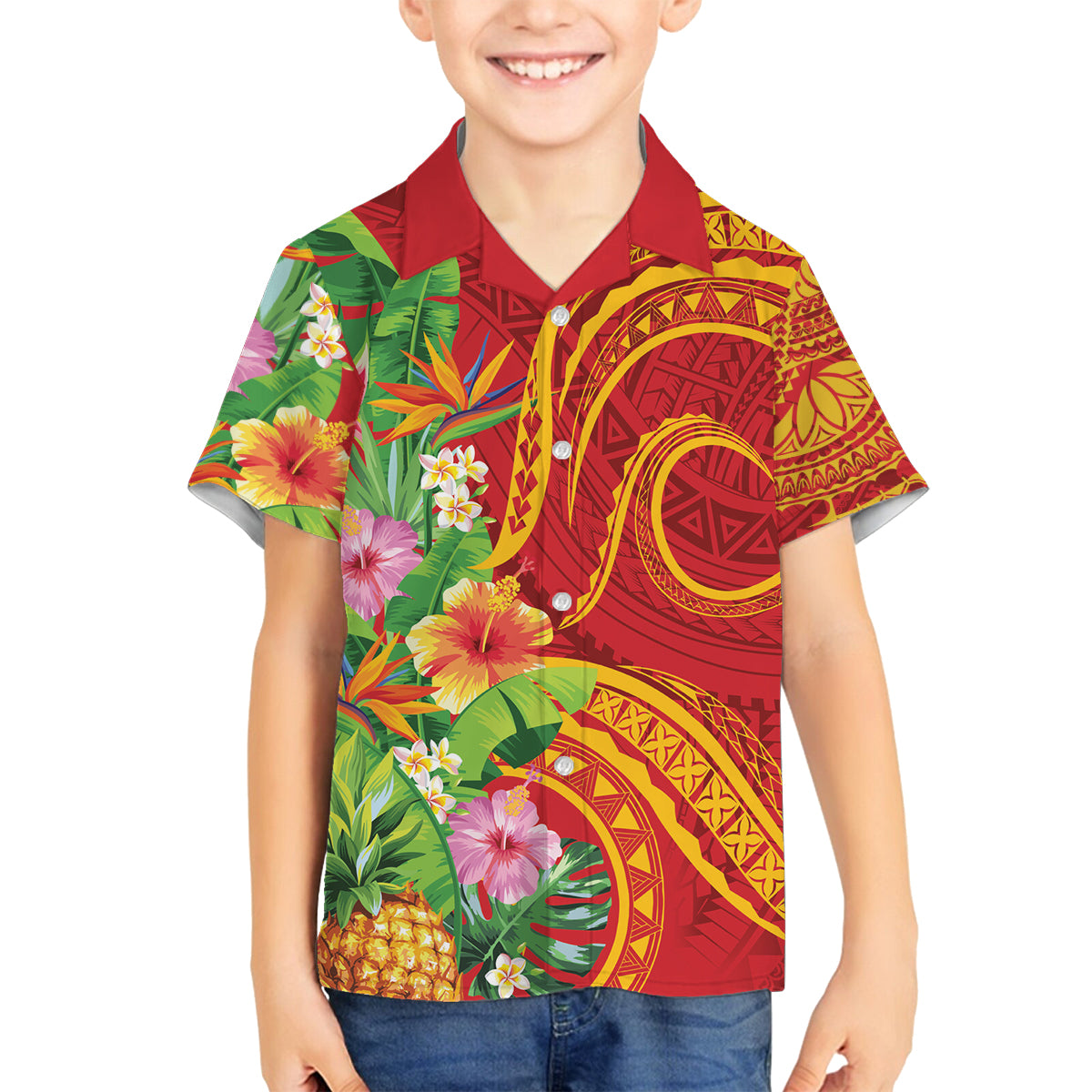 Polynesian Tribal Flower Tattoo Family Matching Off Shoulder Short Dress and Hawaiian Shirt Special Vermilion Vibe LT9 Son's Shirt Brownish-red - Polynesian Pride