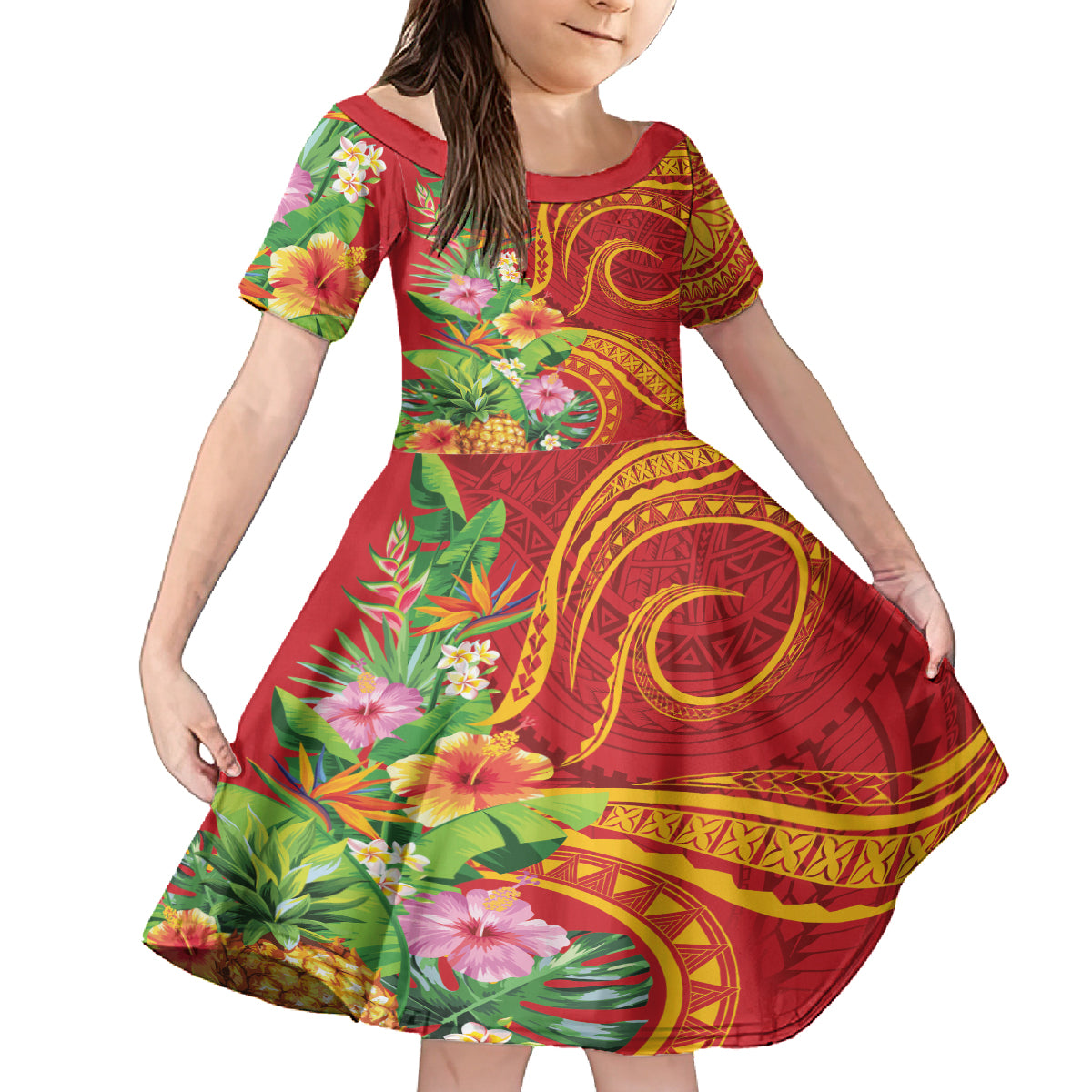 Polynesian Tribal Flower Tattoo Family Matching Puletasi and Hawaiian Shirt Special Vermilion Vibe LT9 Daughter's Dress Brownish-red - Polynesian Pride