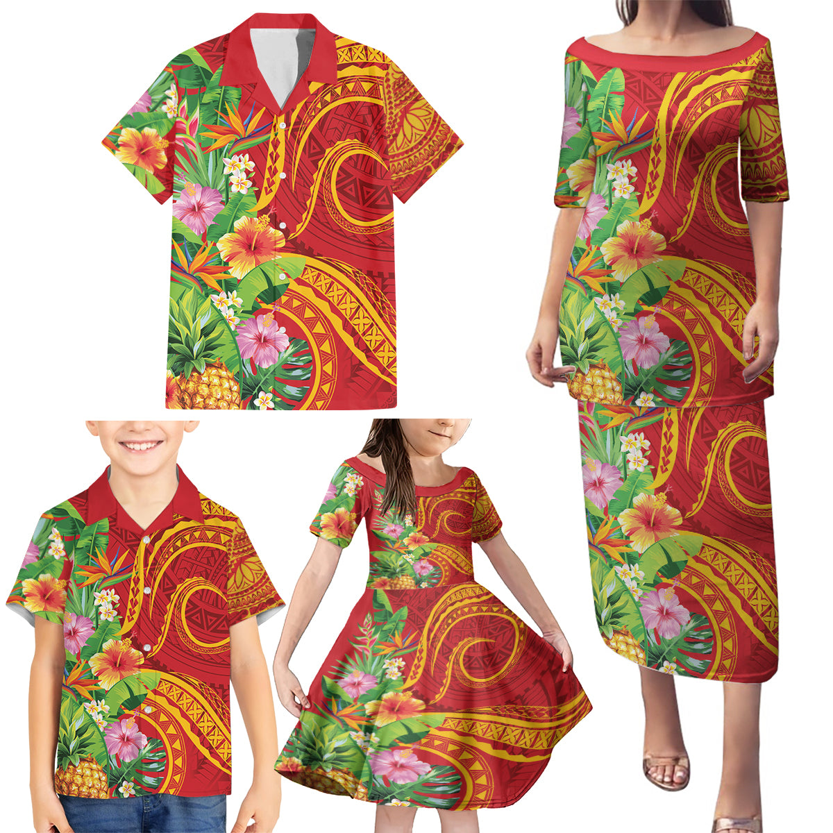 Polynesian Tribal Flower Tattoo Family Matching Puletasi and Hawaiian Shirt Special Vermilion Vibe LT9 - Polynesian Pride