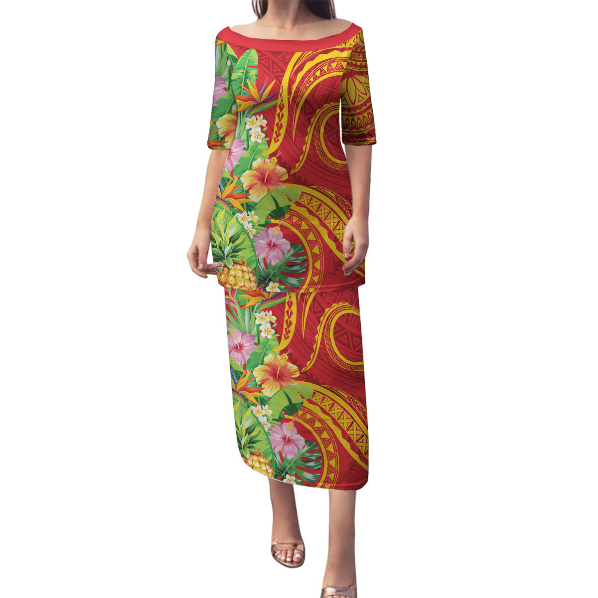 Polynesian Tribal Flower Tattoo Family Matching Puletasi and Hawaiian Shirt Special Vermilion Vibe LT9 Mom's Dress Brownish-red - Polynesian Pride