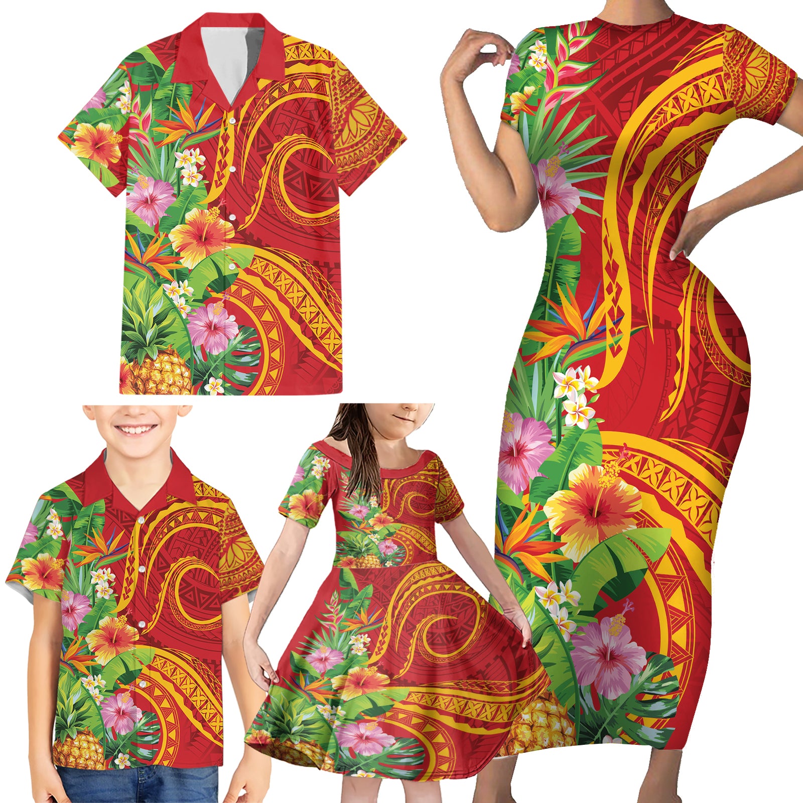 Polynesian Tribal Flower Tattoo Family Matching Short Sleeve Bodycon Dress and Hawaiian Shirt Special Vermilion Vibe LT9 - Polynesian Pride