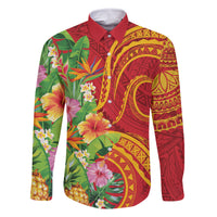 Polynesian Tribal Flower Tattoo Family Matching Summer Maxi Dress and Hawaiian Shirt Special Vermilion Vibe LT9 Dad's Shirt - Long Sleeve Brownish-red - Polynesian Pride