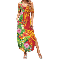 Polynesian Tribal Flower Tattoo Family Matching Summer Maxi Dress and Hawaiian Shirt Special Vermilion Vibe LT9 Mom's Dress Brownish-red - Polynesian Pride