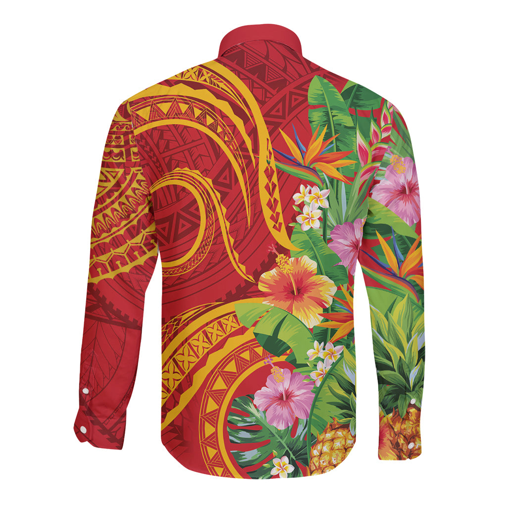 Polynesian Tribal Flower Tattoo Long Sleeve Button Shirt Special Vermilion Vibe