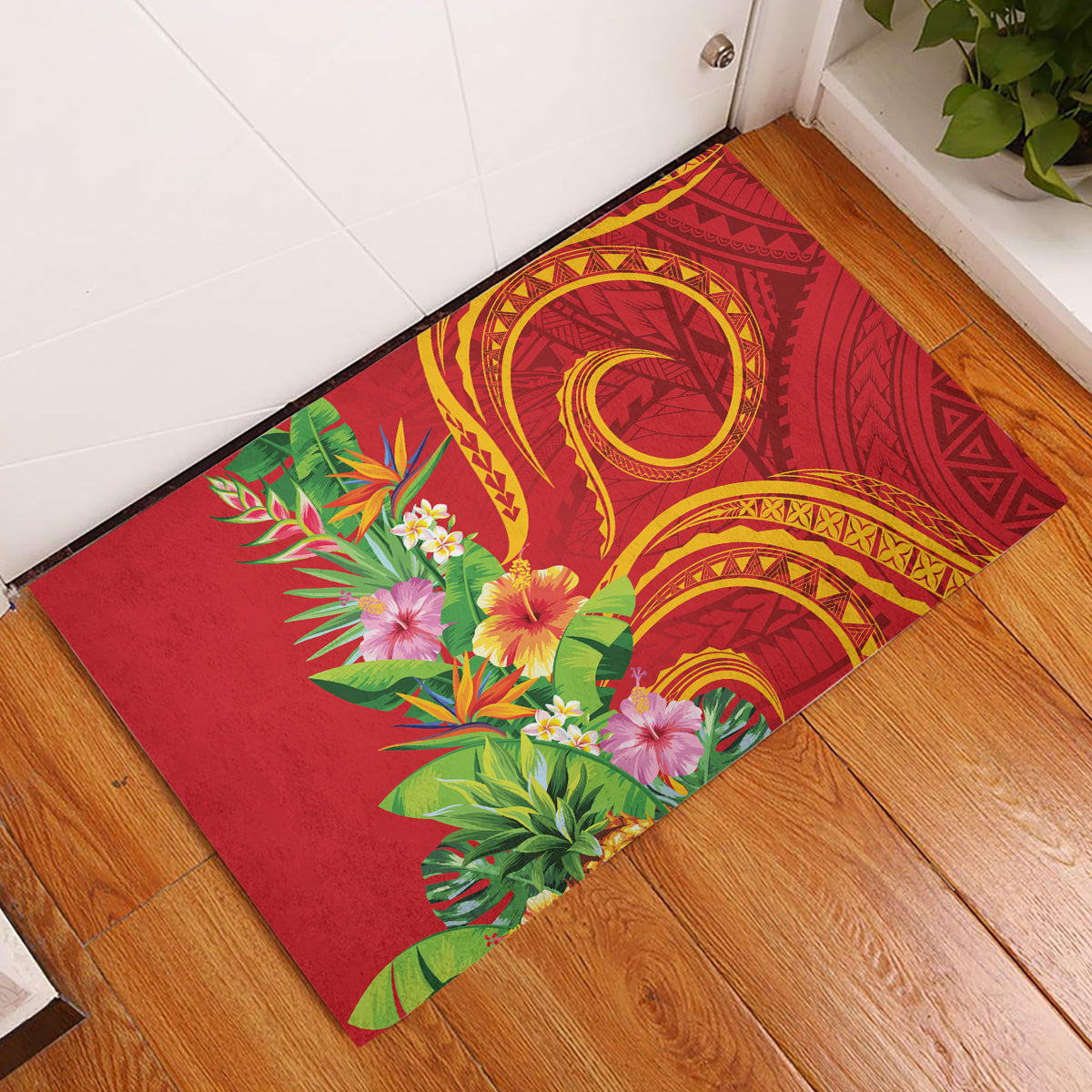 Polynesian Tribal Flower Tattoo Rubber Doormat Special Vermilion Vibe LT9 Brownish-red - Polynesian Pride