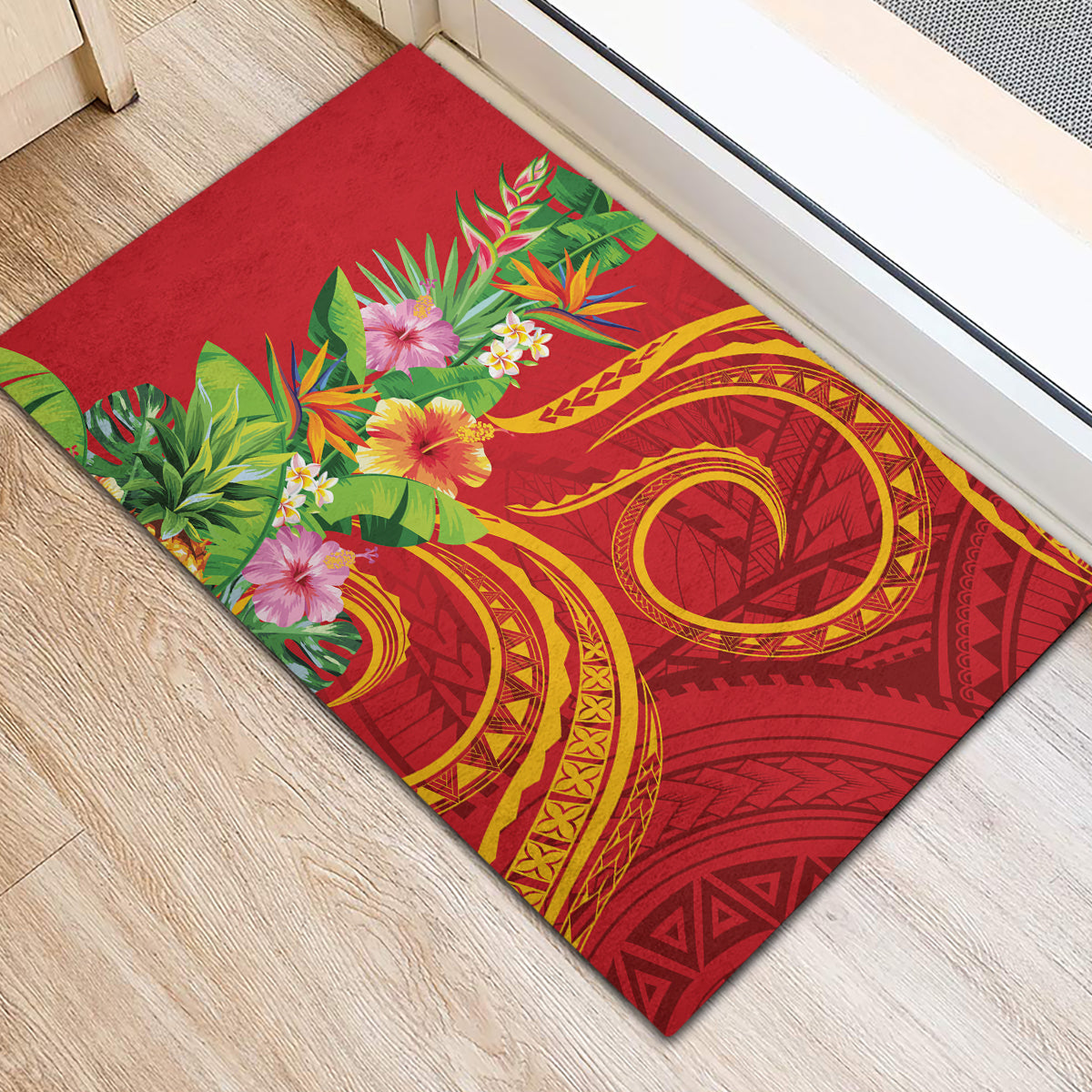 Polynesian Tribal Flower Tattoo Rubber Doormat Special Vermilion Vibe LT9 - Polynesian Pride