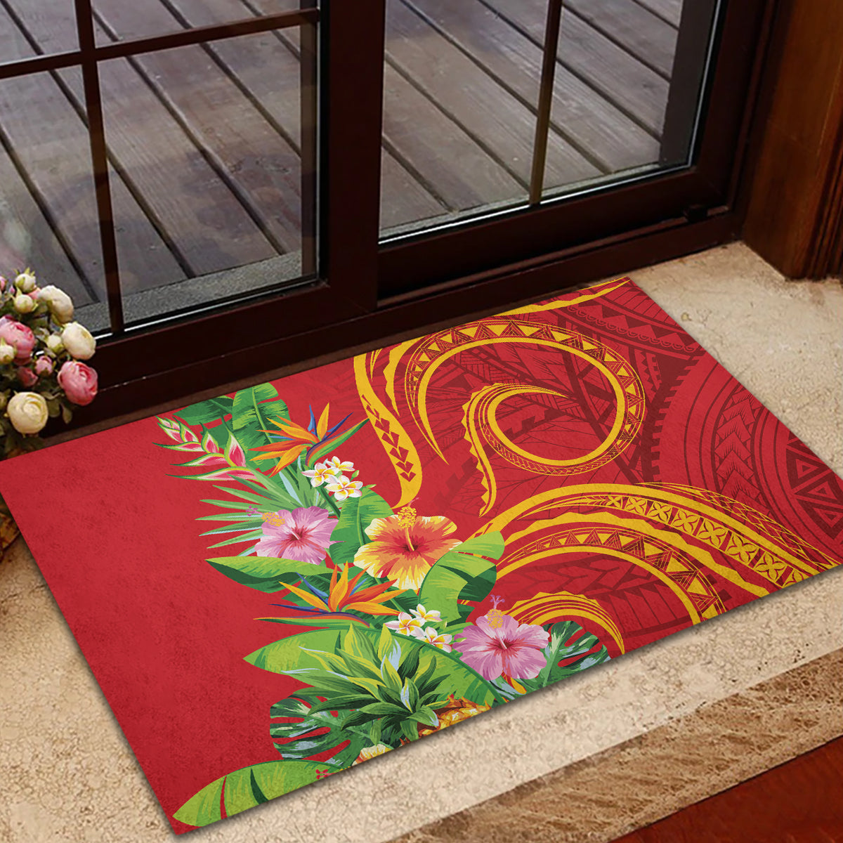 Polynesian Tribal Flower Tattoo Rubber Doormat Special Vermilion Vibe LT9 - Polynesian Pride
