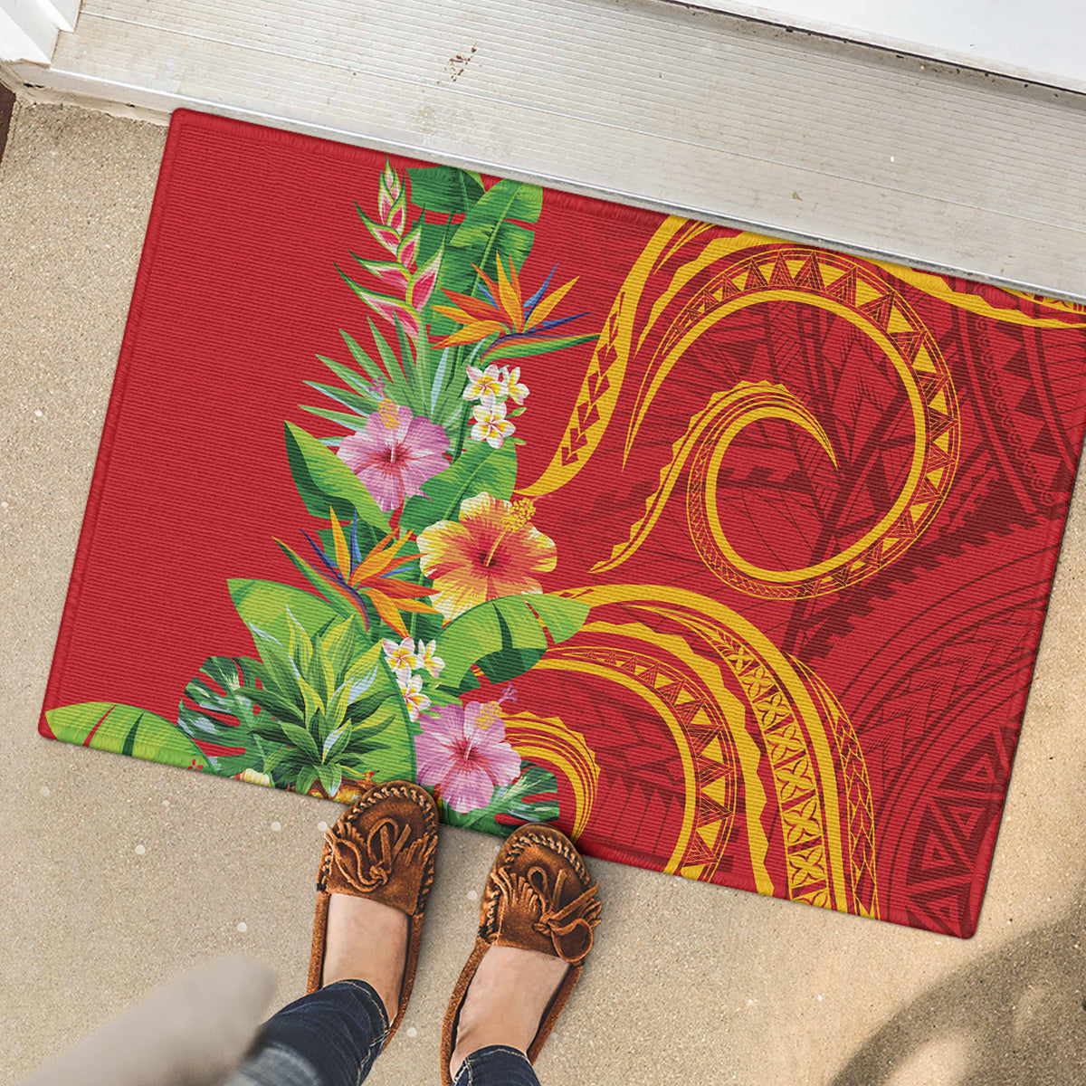Polynesian Tribal Flower Tattoo Rubber Doormat Special Vermilion Vibe LT9 - Polynesian Pride