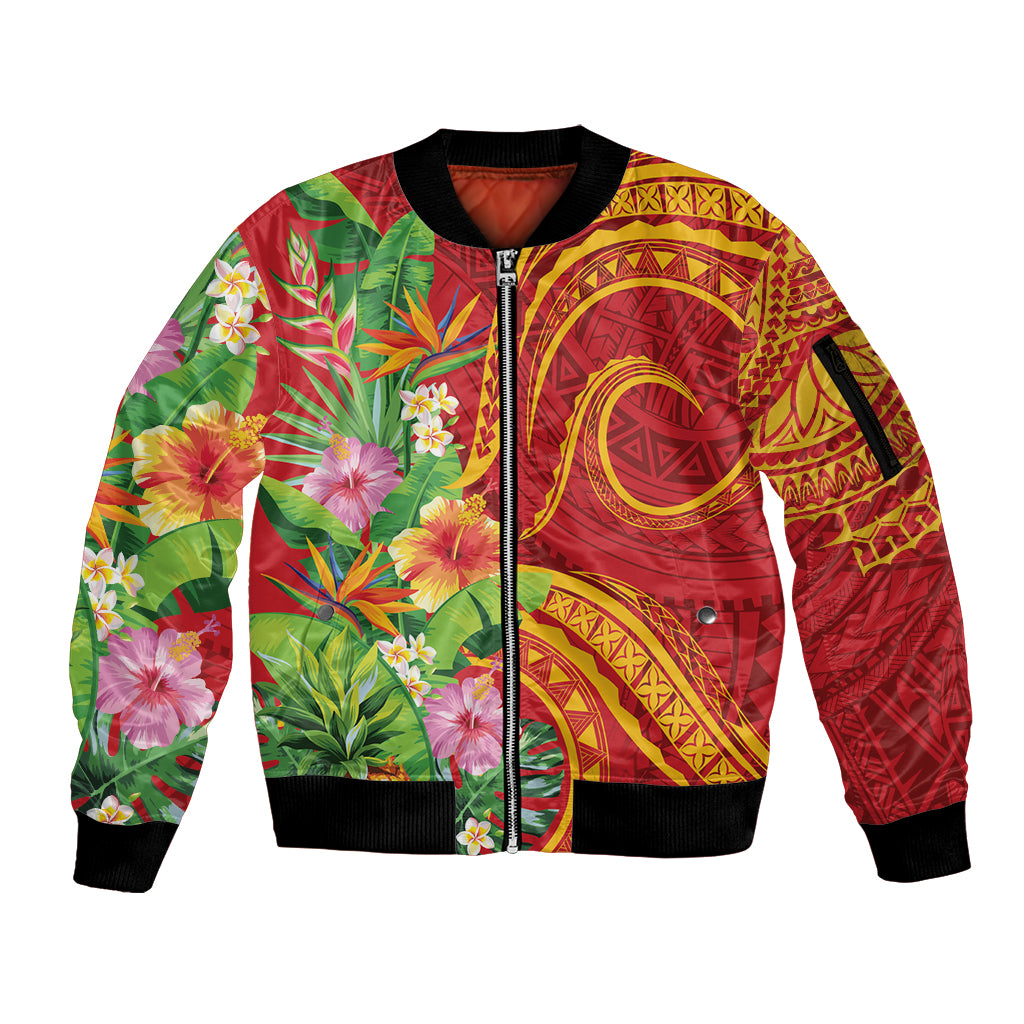 Polynesian Tribal Flower Tattoo Sleeve Zip Bomber Jacket Special Vermilion Vibe