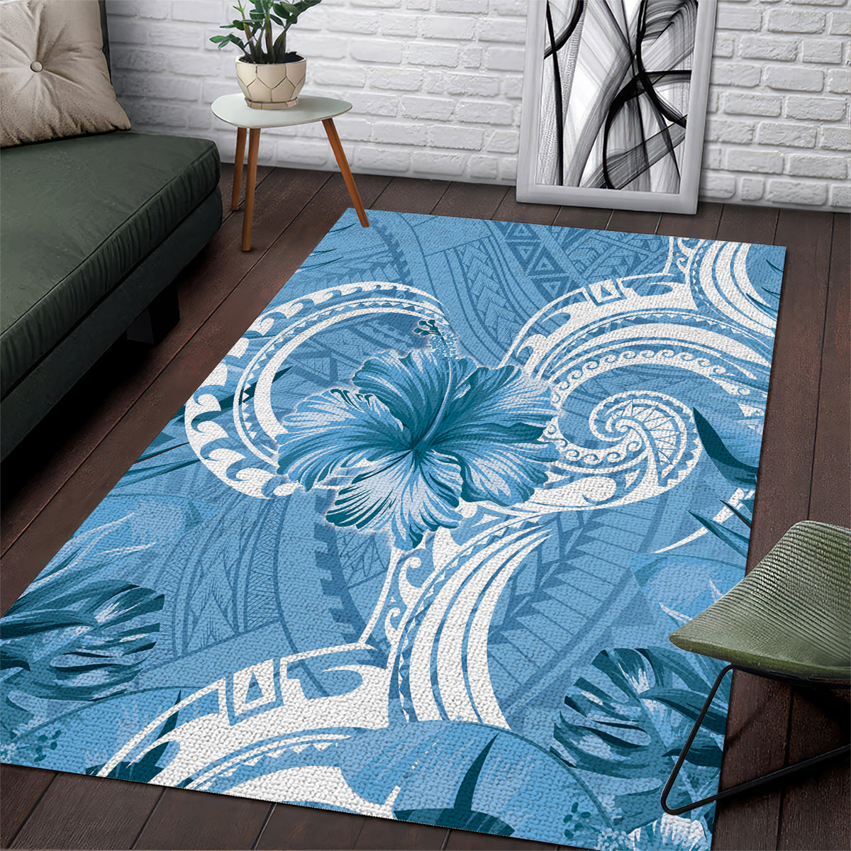Polynesian Hibiscus Flower Tribal Area Rug Blue Color