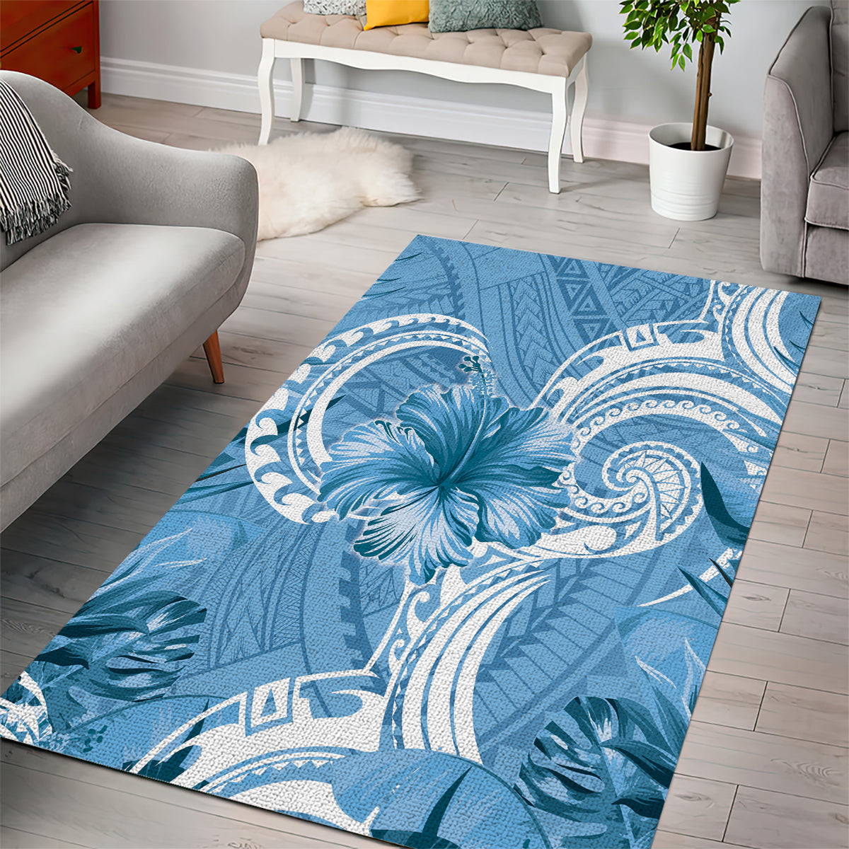 Polynesian Hibiscus Flower Tribal Area Rug Blue Color