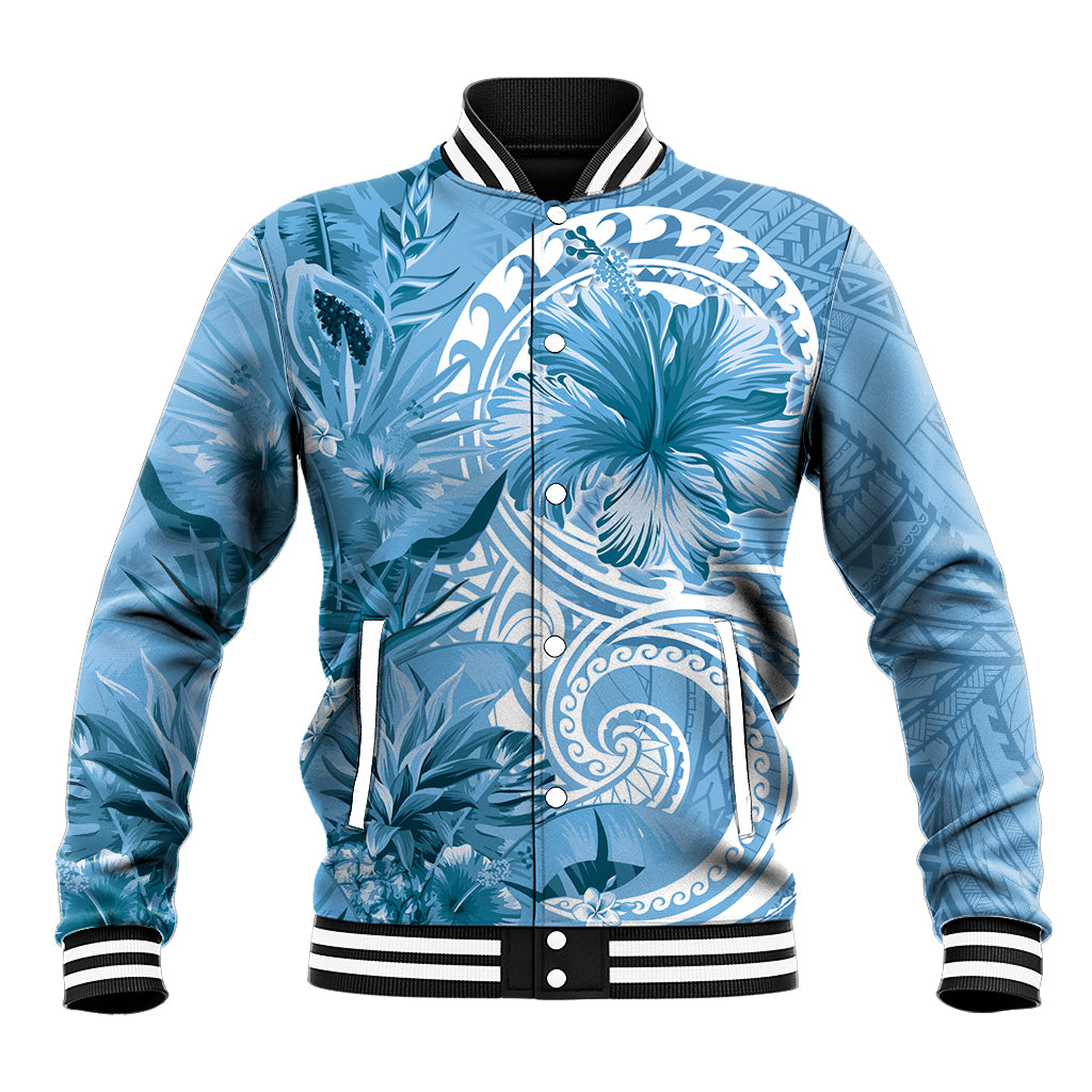 Polynesian Hibiscus Flower Tribal Baseball Jacket Blue Color