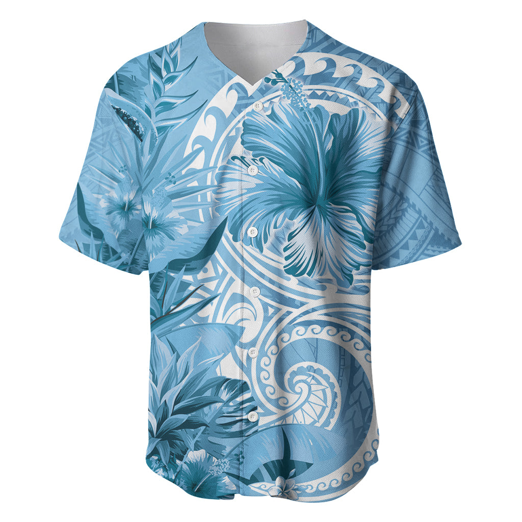 Polynesian Hibiscus Flower Tribal Baseball Jersey Blue Color LT9 Blue - Polynesian Pride