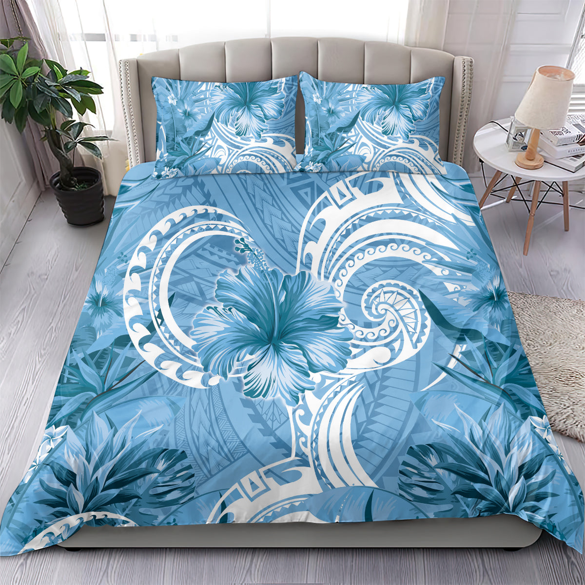 Polynesian Hibiscus Flower Tribal Bedding Set Blue Color