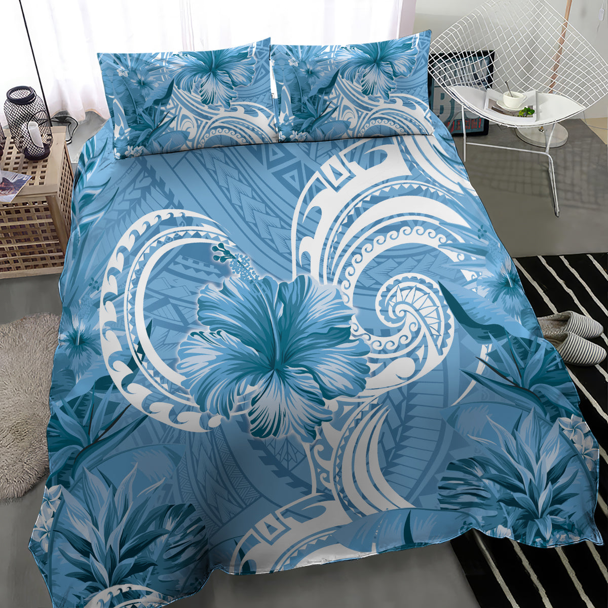 Polynesian Hibiscus Flower Tribal Bedding Set Blue Color