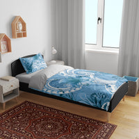 Polynesian Hibiscus Flower Tribal Bedding Set Blue Color