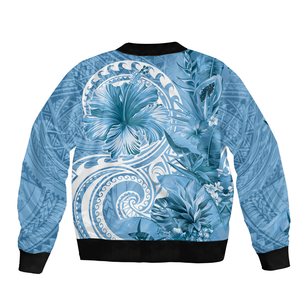 Polynesian Hibiscus Flower Tribal Bomber Jacket Blue Color