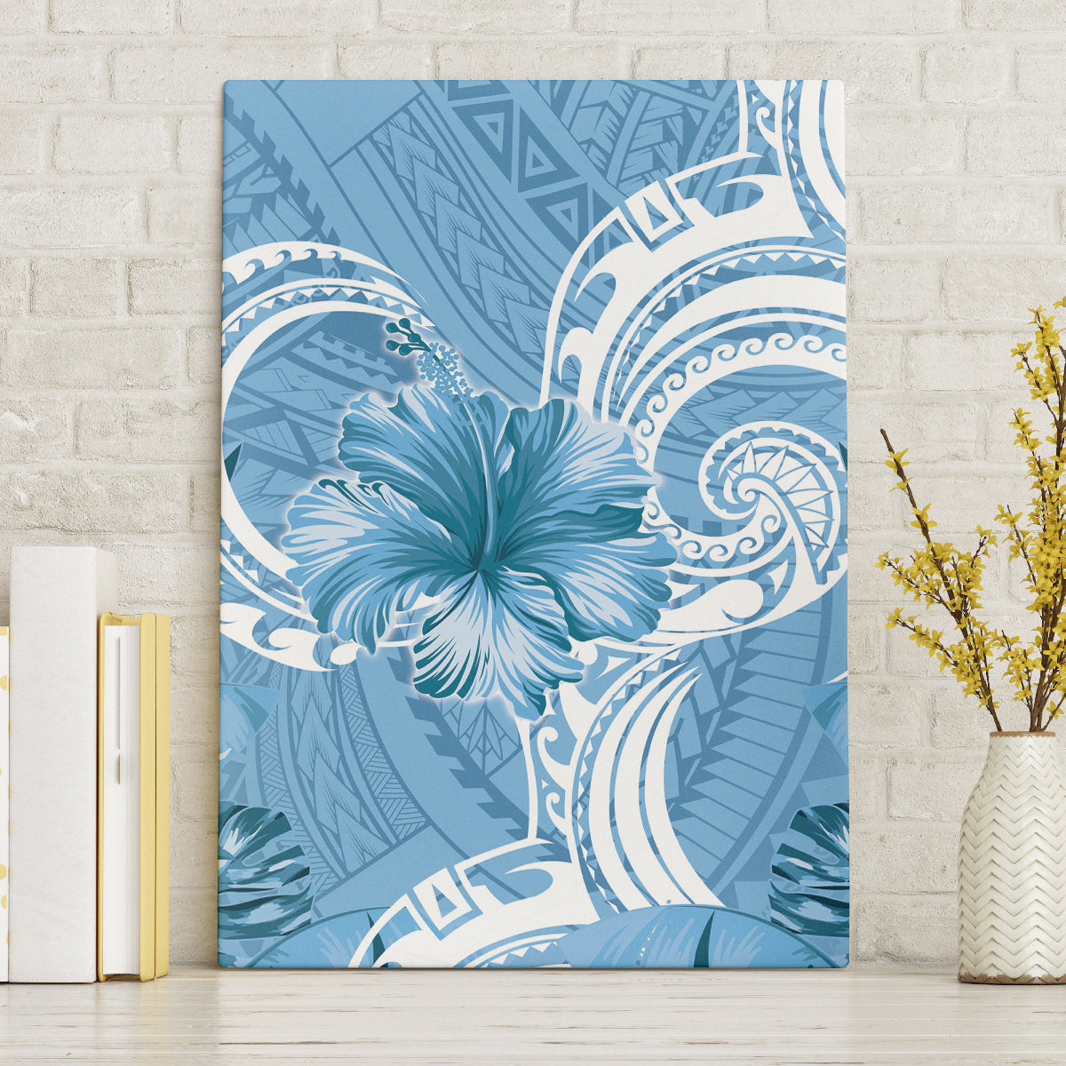 Polynesian Hibiscus Flower Tribal Canvas Wall Art Blue Color