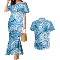 Polynesian Hibiscus Flower Tribal Couples Matching Mermaid Dress and Hawaiian Shirt Blue Color