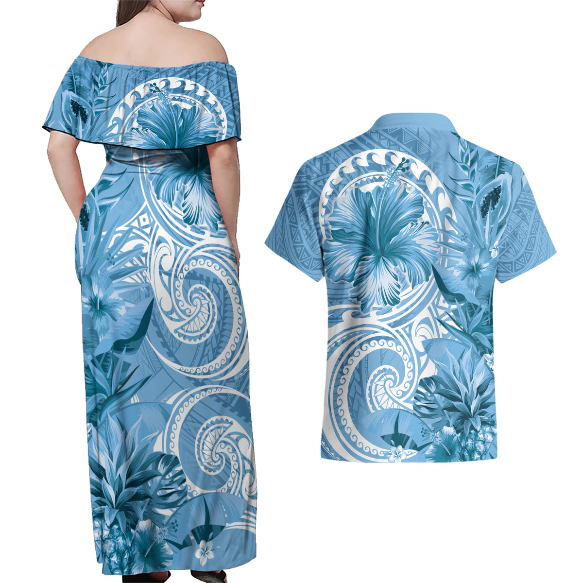 Polynesian Hibiscus Flower Tribal Couples Matching Off Shoulder Maxi Dress and Hawaiian Shirt Blue Color