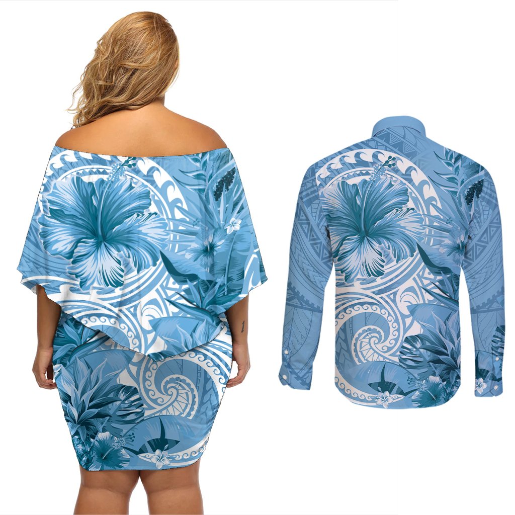 Polynesian Hibiscus Flower Tribal Couples Matching Off Shoulder Short Dress and Long Sleeve Button Shirt Blue Color