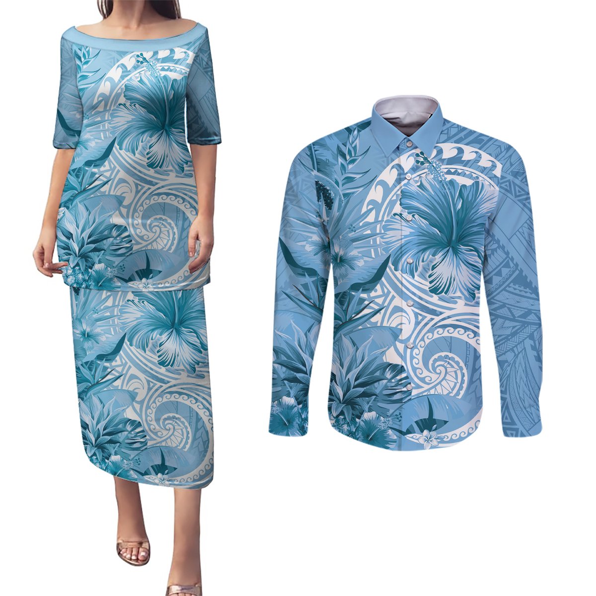 Polynesian Hibiscus Flower Tribal Couples Matching Puletasi and Long Sleeve Button Shirt Blue Color LT9 Blue - Polynesian Pride