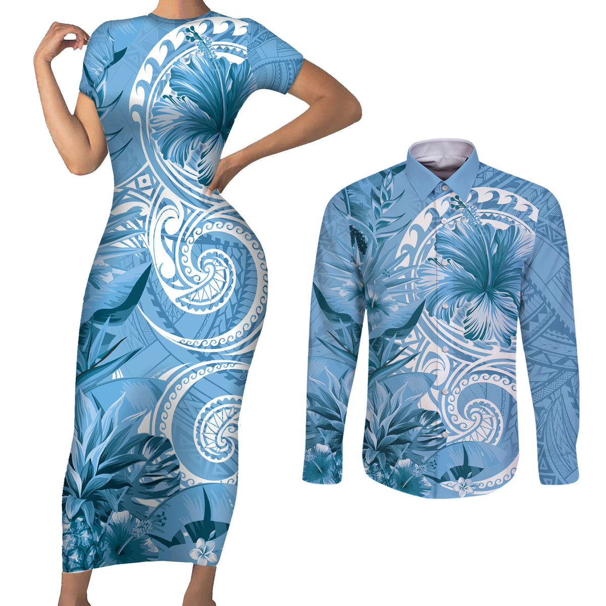 Polynesian Hibiscus Flower Tribal Couples Matching Short Sleeve Bodycon Dress and Long Sleeve Button Shirt Blue Color LT9 Blue - Polynesian Pride