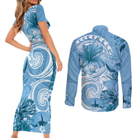 Polynesian Hibiscus Flower Tribal Couples Matching Short Sleeve Bodycon Dress and Long Sleeve Button Shirt Blue Color LT9 - Polynesian Pride