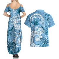 Polynesian Hibiscus Flower Tribal Couples Matching Summer Maxi Dress and Hawaiian Shirt Blue Color LT9 - Polynesian Pride