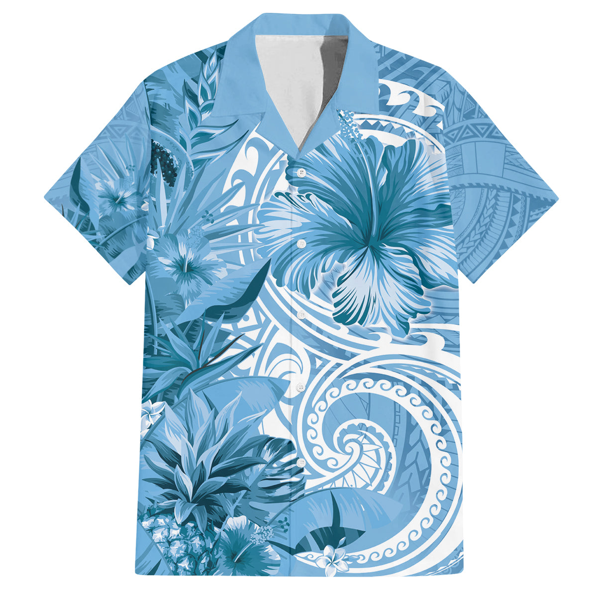 Polynesian Hibiscus Flower Tribal Family Matching Long Sleeve Bodycon Dress and Hawaiian Shirt Blue Color LT9 Dad's Shirt - Short Sleeve Blue - Polynesian Pride