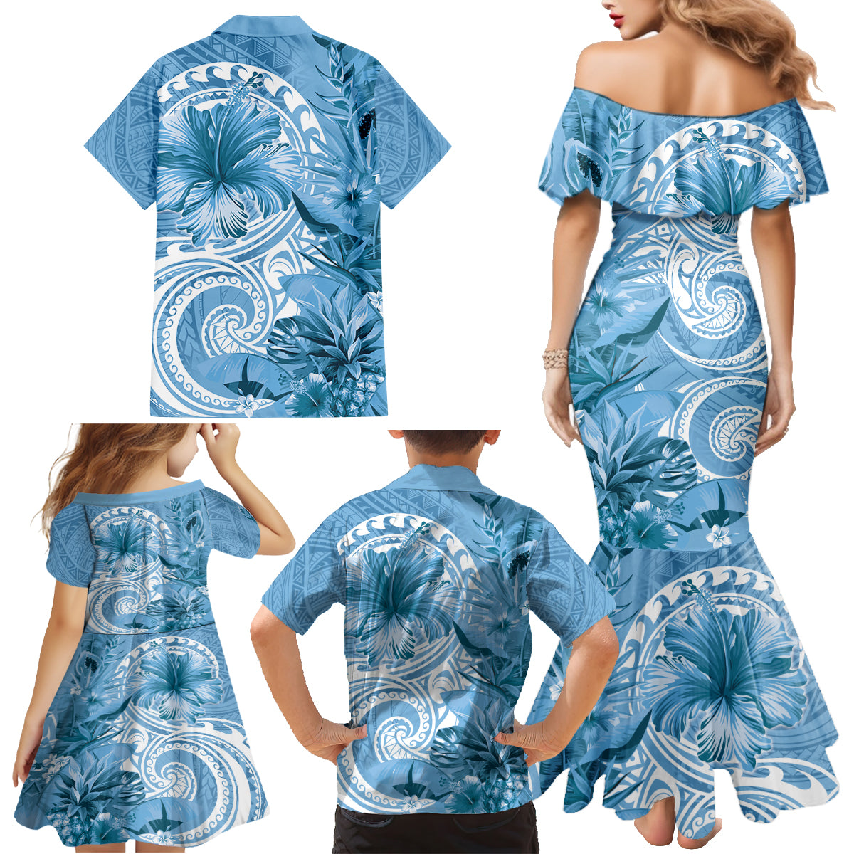 Polynesian Hibiscus Flower Tribal Family Matching Mermaid Dress and Hawaiian Shirt Blue Color LT9 - Polynesian Pride
