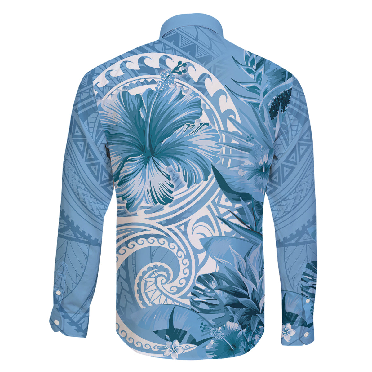 Polynesian Hibiscus Flower Tribal Family Matching Off The Shoulder Long Sleeve Dress and Hawaiian Shirt Blue Color