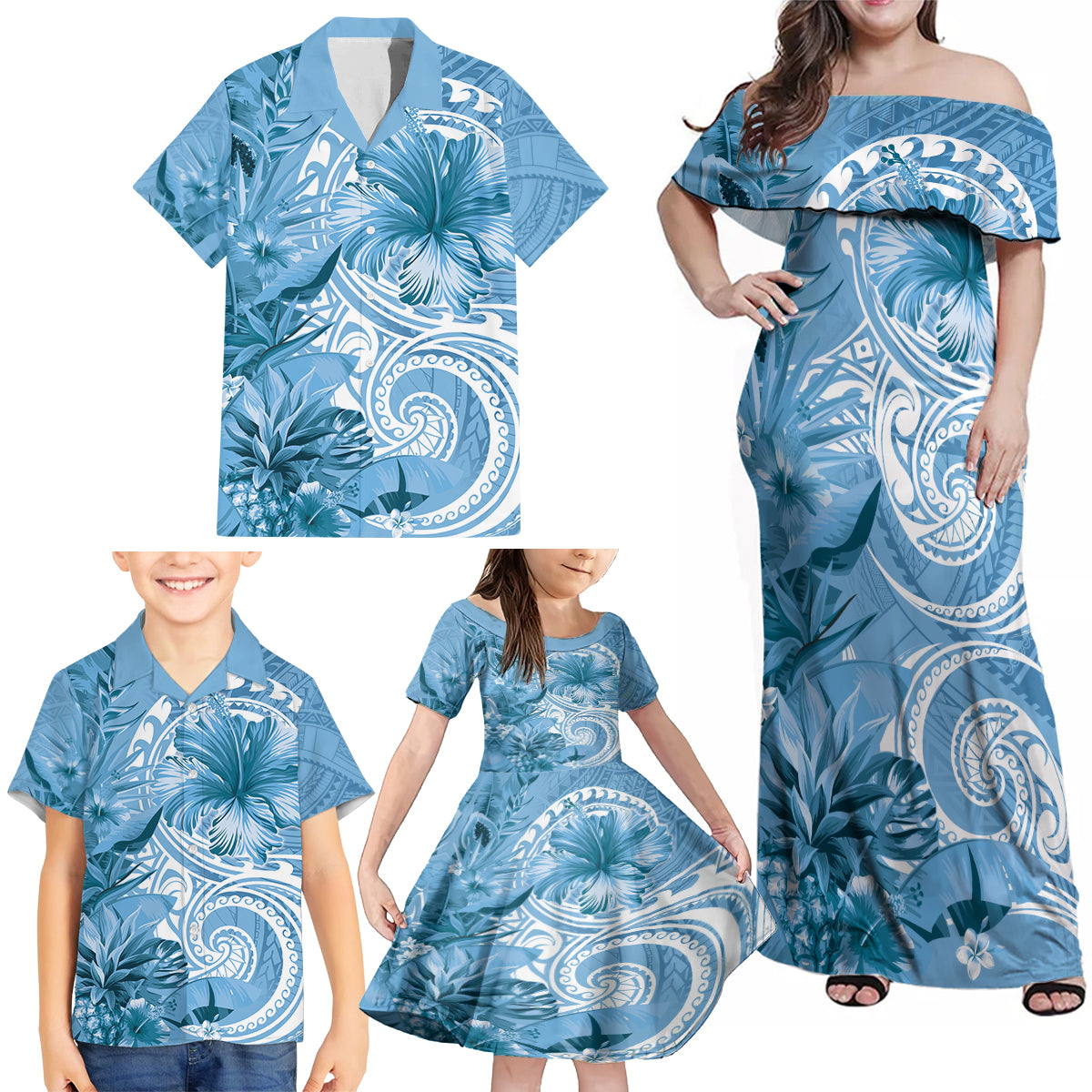 Polynesian Hibiscus Flower Tribal Family Matching Off Shoulder Maxi Dress and Hawaiian Shirt Blue Color LT9 - Polynesian Pride